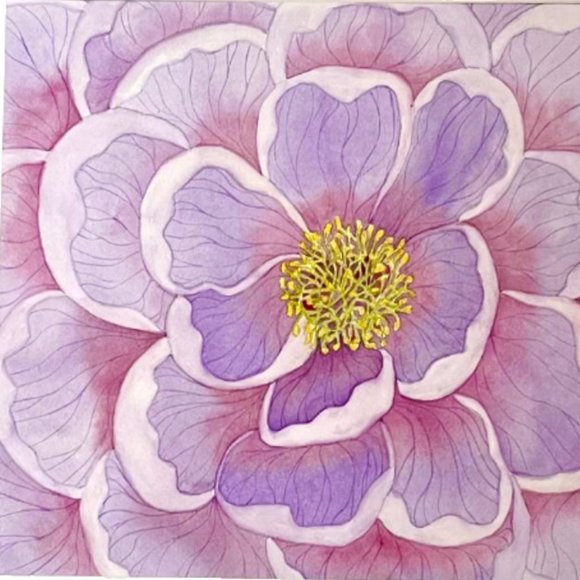 PAINTING WATERCOLOR ORIGINAL ART PEONY FLOWER LAVENDER PURPLE 11X14 & MAT 16X20 - Picture 2 of 3